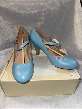 Light Blue Mary Jane Heels with Buckle Strap